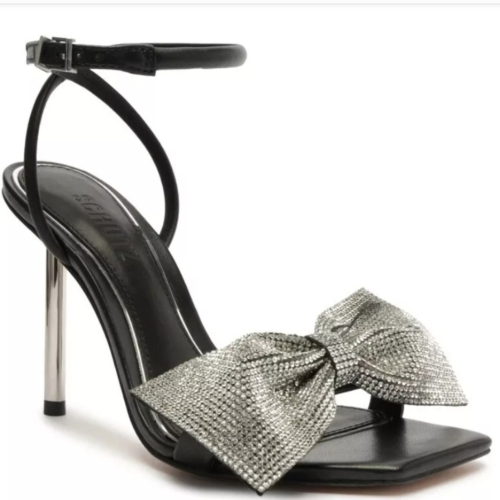 Schutz Black and Silver Heels with Glitter Bow Leather Sandals, Size 9B - Picture 3 of 12